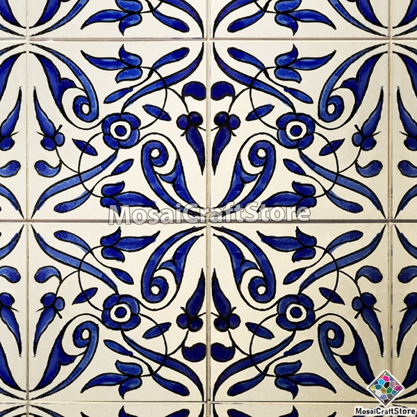 Blue floral handmade Moroccan tiles for floor and wall decoration, blue hand painted and glazed tiles for bathroom or kitchen backsplash