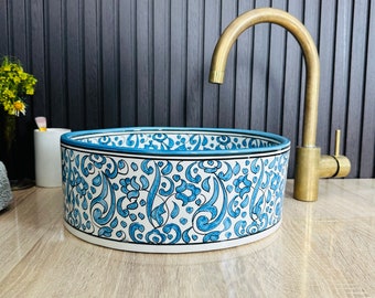 Antique Aqua Floral Bathroom Vessel sink - Custom Farmhouse Counter top Vanity washbasin - Mid century handmade basin