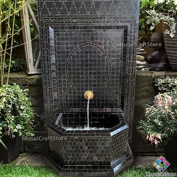 Fuente de agua de mosaico negro de lujo hecha a mano: exquisita decoración de jardín por artesanos