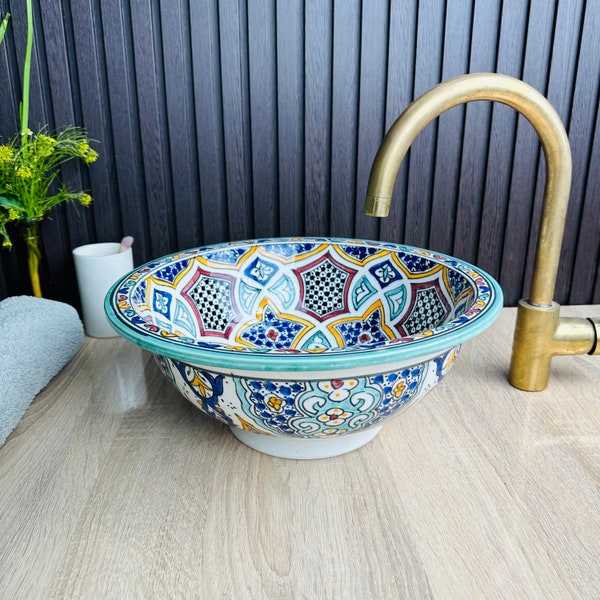 colorful Bathroom Wash Basin, Bathroom Vessel Sink, Countertop Basin, Antique Bathroom Decor Mediterranean Bowl Sink Lavatory