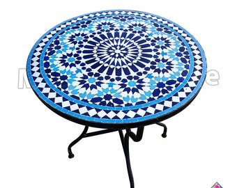 Blue Mosaic table handmade with real mosaic tiles and metal legs