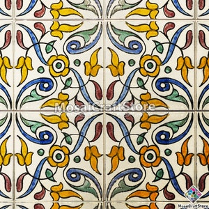 Floral handmade Moroccan tiles for floor and wall decoration, hand painted and glazed tiles for bathroom or kitchen backsplash