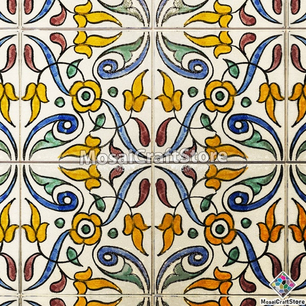 Floral handmade Moroccan tiles for floor and wall decoration, hand painted and glazed tiles for bathroom or kitchen backsplash