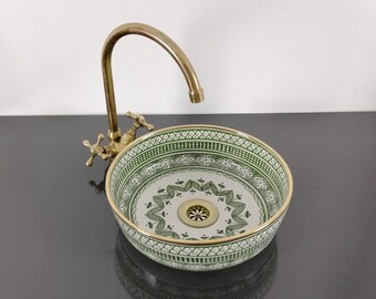 Ceramic sink for bathroom with golden rim, Green and white moroccan handmade vessel.