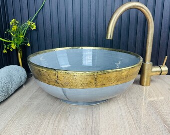 Gray Aged Brass Bathroom ceramic vessel sink, Counter top washbasin sink, Mid century Boho Style Basin sink, Rustic vanity sink