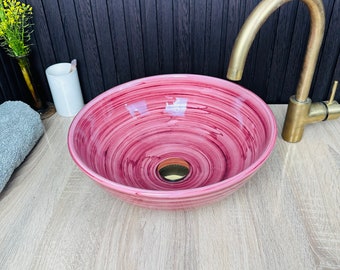 Fregadero de recipiente de baño de cerámica rosa y blanca, lavabo rústico de encimera, fregadero de granja de mediados de siglo, tocador de decoración de baño artesanal