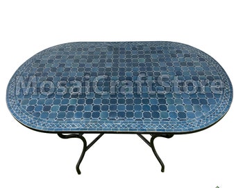 Blue large oval mosaic table, 100% handmade for outdoor and indoor furniture