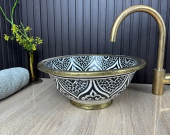 Farmhouse Brushed Solid Brass Rimed Basin sink Handcrafted, Mandala Minimalist Design Sink + FREE Gift