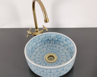 Badezimmer Waschbecken bleu aus handgefertigtem Keramik Waschbecken, Handbemaltes Waschbecken Waschbecken für Bad und Küche