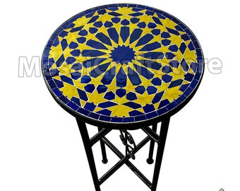 Blue and yellow handmade cocktail table with real Colorful mosaic tiles and metal legs with curvy design