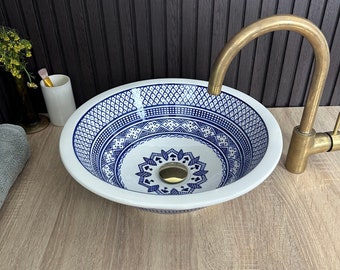Dark blue & white Ceramic Bathroom Vessel Sink - Mid Century Basin Handcrafted - CounterTop Or Undermounted Washbasin - Farmhouse sink