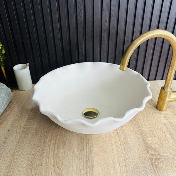 Ola de fregadero de arcilla cruda - Fregadero de baño hecho a mano - Lavabo tradicional de arcilla cruda - Fregadero de lavabo antiguo de mediados de siglo