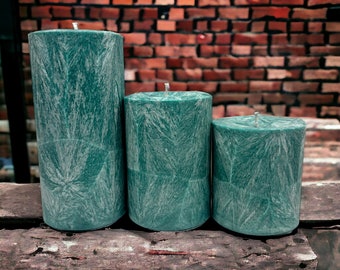 Unscented Palm Wax Pillar Candle, Teal Turquoise / Silver Textured Pattern