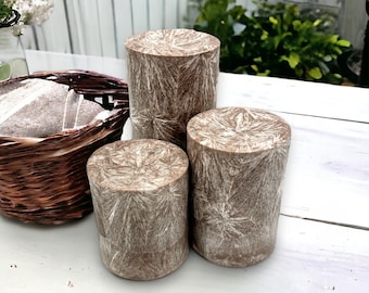 Unscented Palm Wax Pillar Candle, Brown with Silver / White Textured Pattern