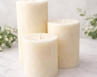 Unscented Palm Wax Pillar Candle, Cream / Ivory with Silver / White Textured Pattern