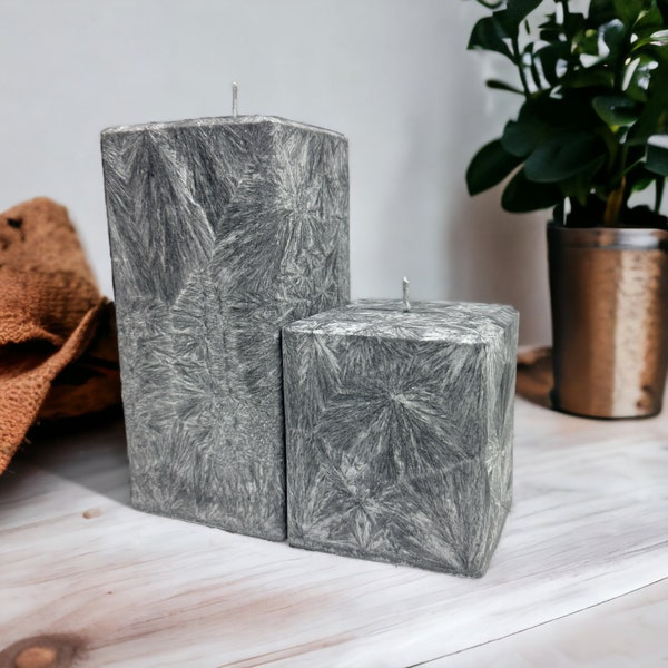 Unscented Square Pillar Candle, Gray / Silver Textured Pattern