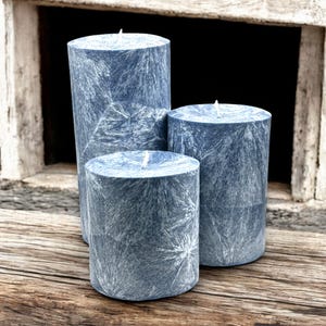 Unscented Palm Wax Pillar Candle, Navy Blue / Silver Textured Pattern