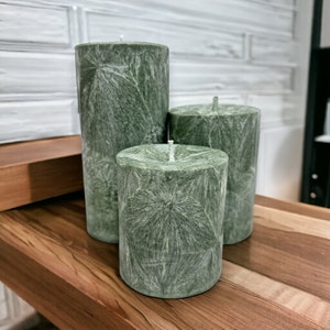 Unscented Palm Wax Pillar Candle, Sage Green / Silver Textured Pattern