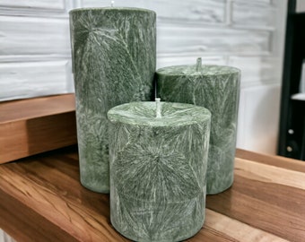 Unscented Palm Wax Pillar Candle, Sage Green / Silver Textured Pattern