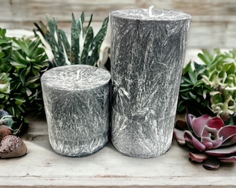 Unscented Palm Wax Pillar Candle, Gray / Silver Textured Pattern, Round