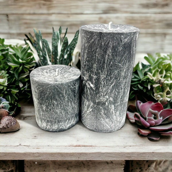 Unscented Palm Wax Pillar Candle, Gray / Silver Textured Pattern, Round