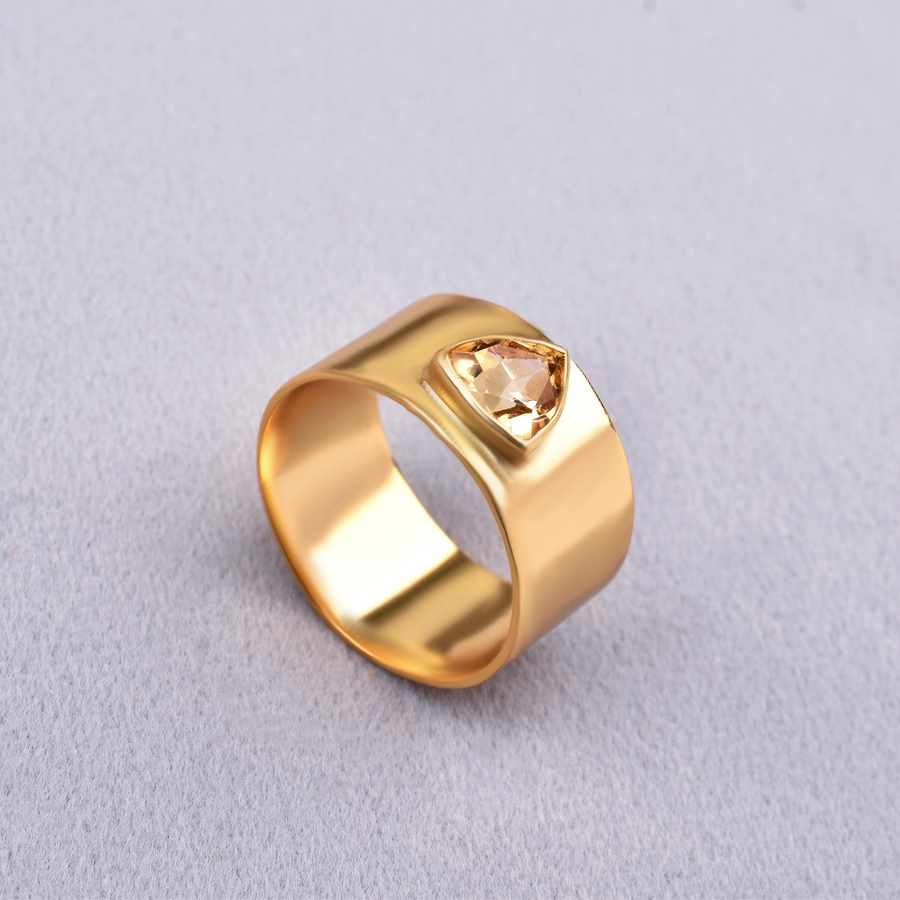 Citrine Trilliant Gemstone Ring: Gold Fill Sterling Silver Wide Band