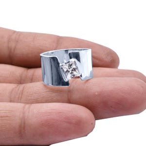 Square CZ Diamond Sterling Silver Wide Band Ring