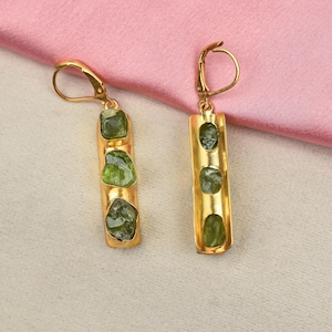 Green Peridot Raw Gemstone Earrings Gold Filled in Sterling Silver Lever back Earrings Dangle Teardrop Earrings, Raw Crystal Earrings Gifts