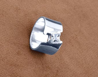 Square CZ Diamond Sterling Silver Wide Band Ring