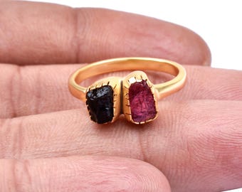 Pink Tourmaline & Black Tourmaline Raw Gemstone Ring, 18k Gold Filled 925 Sterling Silver Raw Crystal Handmade Wedding Jewelry, Gift For Her