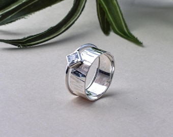 CZ Square Ring: Wide Band 925 Sterling Silver, Thumb Ring