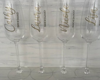 Personalised bridal party champagne glass decals, bride champagne glass labels, DIY bridal champagne flute decals, vinyl wedding favours