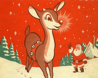 Puede incluir: Ilustración navideña vintage de Rudolph, el reno de la nariz roja, corriendo por un paisaje nevado. Papá Noel saluda en el fondo. El título "Rudolph the Red-Nosed Reindeer" está en la parte superior, con un borde decorativo.