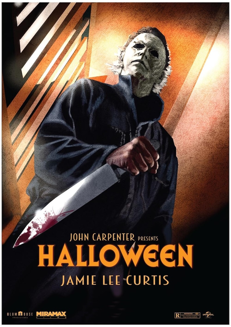 May include: A movie poster for the film "Halloween" featuring a man in a white mask holding a bloody knife. The poster is in a retro style with a dark background and orange text. The text on the poster reads "John Carpenter Presents Halloween Jamie Lee Curtis".