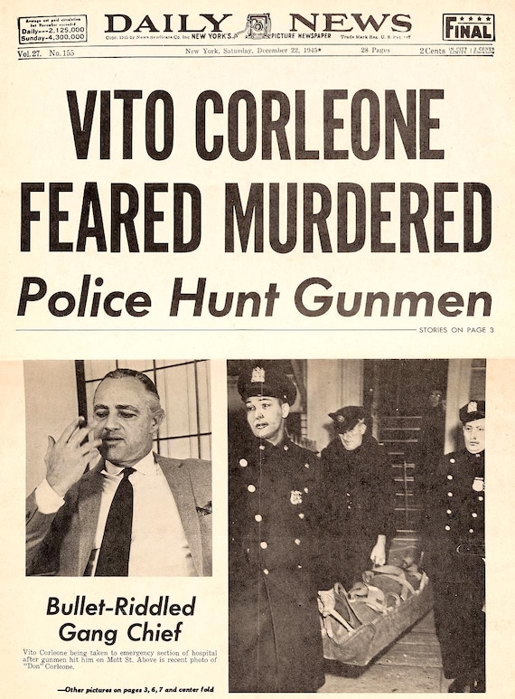 1972 The Godfather New York Daily News Vito Corleone Feared Murdered Newspaper Front Page Replica