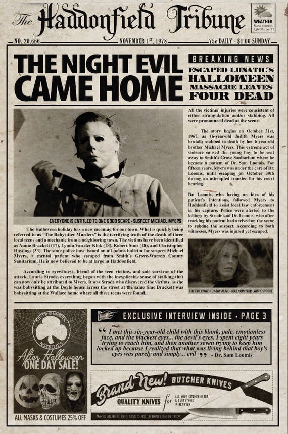 1978 Halloween Haddonfield Tribune the Night Evil Came Home Etsy