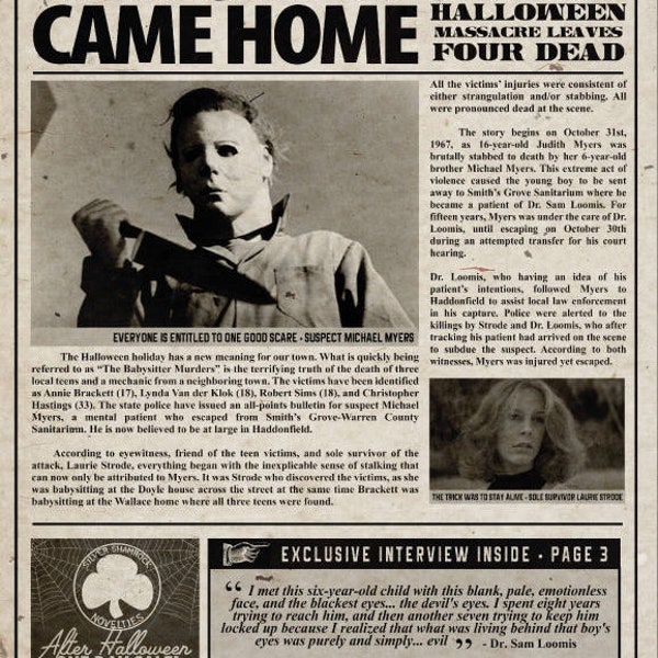 1978 Halloween Haddonfield Tribune The Night Evil Came Home Michael Myers Nick Castle Laurie Strode