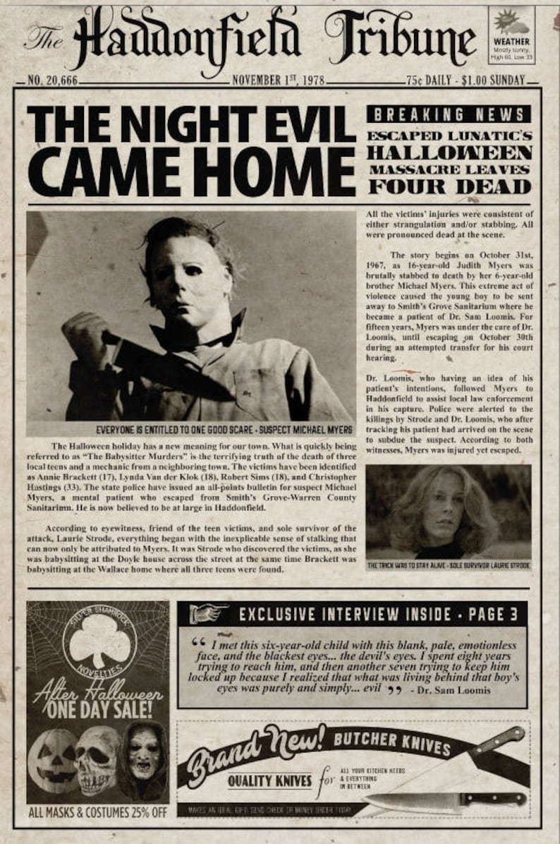 1978 Halloween Haddonfield Tribune The Night Evil Came Home Michael Myers Nick Castle Laurie Strode image 1