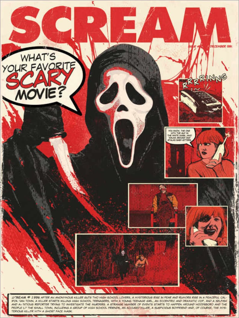 1996 Scream Movie Poster Print – Sidney Prescott, Dewey, Woodsboro – Pop Art Style