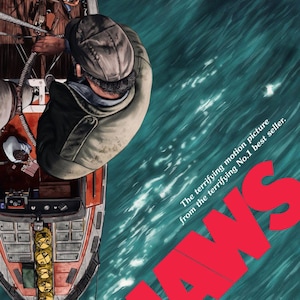 1975 Jaws Movie Poster/Print &gt; Martin Brody &gt; Quint &gt; Great White Shark Amity Island Beach Closed No Swimming