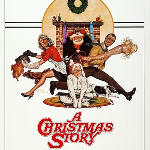 May include: A Christmas Story film poster featuring a family in a chaotic Christmas scene. The poster has the title "A Christmas Story" in red and white letters. The poster also includes the text "A Bob Clark Film" and "Metro-Goldwyn-Mayer Presents".