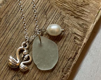 Genuine North Devon Seaglass Pendant, white/clear, Swan Charm, eco, recycle, gift, birthday, Baroque Freshwater cultured Pearl charm