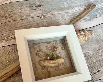 Sea Glass Art Frame, Coastal Wall Decor, Driftwood & Glass Globe Picture, Handmade Beach House Gift, Devon Sea Glass Art