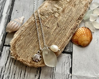Genuine North Devon Seaglass Pendant, white, Fish Charm, eco, recycle, gift, birthday, Baroque Freshwater cultured Pearl charm