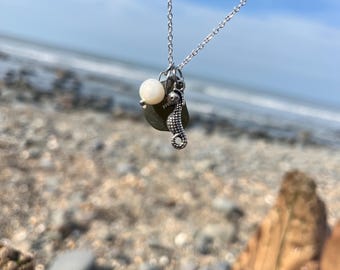 Seaglass Seahorse Necklace with Pearl | Genuine Beach Glass Jewellery | Ocean Inspired Pendant | Coastal Gift for Her | UK Handmade