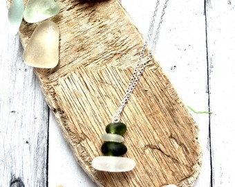 Genuine North Devon Seaglass Pendant, stacked Seaglass, white, green, eco, recycled, gift, present, birthday,