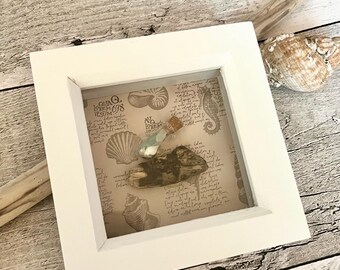 Genuine Devon Seaglass, blue glass bottle and drift wood 3D Picture with White box frame 10cm x 10cm, small, gift, present, Seaglass