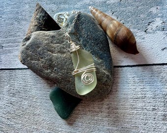 North Devon White Seaglass Pendant wrapped with silver copper wire, valentines, birthday, handmade gift, recycled, eco