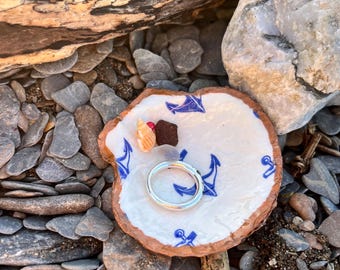 Scallop Shell trinket dish, decoupaged with blue Anchor detail, Seaglass and shell, fished with a copper edge