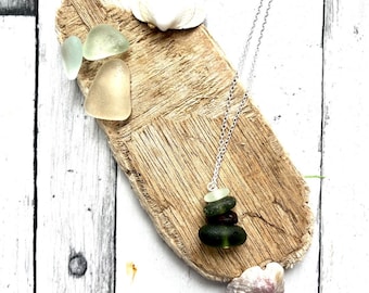 Dark Green Sea Glass Necklace, Genuine Devon Sea Glass Pendant, Handmade Coastal Jewellery, Ocean Inspired Gift for Her, Beach Glass Necklac